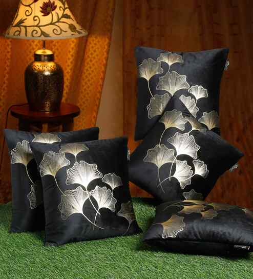 Black Velvet Floral 16X16 Inches Cushion Covers (Pack of 5)