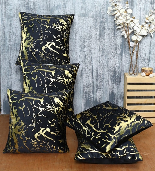 Black Velvet Foil Printed 40x40 inches Cushion Covers Set of 5