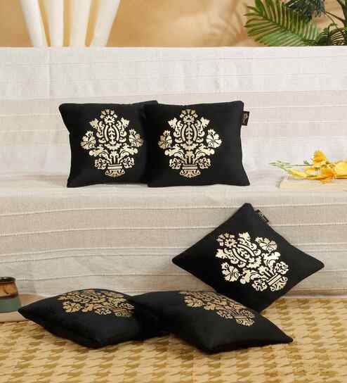 Black Velvet Traditional 12X12 Inches Cushion Covers (Pack of 5)