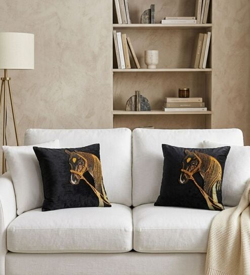 Black Velvet 16 x 16 Inches Horse Print Swarovski Cushion Covers (2 Pieces)