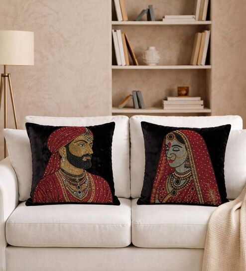 Black Velvet 16 x 16 Inches King & Queen Print Swarovski Cushion Covers (2 Pieces)