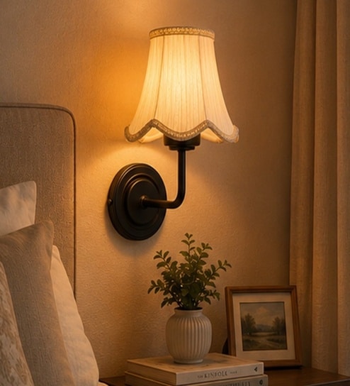 Black Wall Light with Off-White Cotton Shade & Hotel Room
