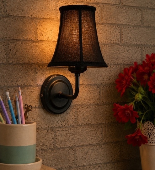Black Wall Mounted Lamp with Black Cotton Shade & Office