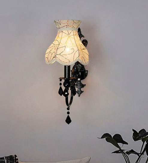 Black Wall Sconce with Green Embroidered Scalloped Shade and Crystals