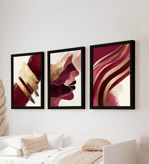 Gold & Burgundy Abstract Wall Art Framed Set of 3