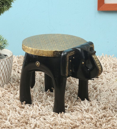 Black Wooden Brass Metal Polish Elephant Stool