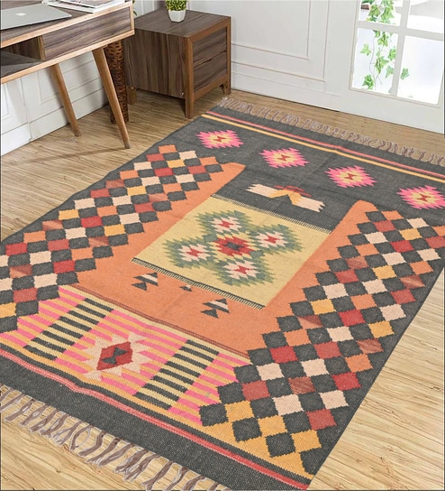 Black Wool & Jute Traditional 108 x 72 Inches Hand Woven Dhurries