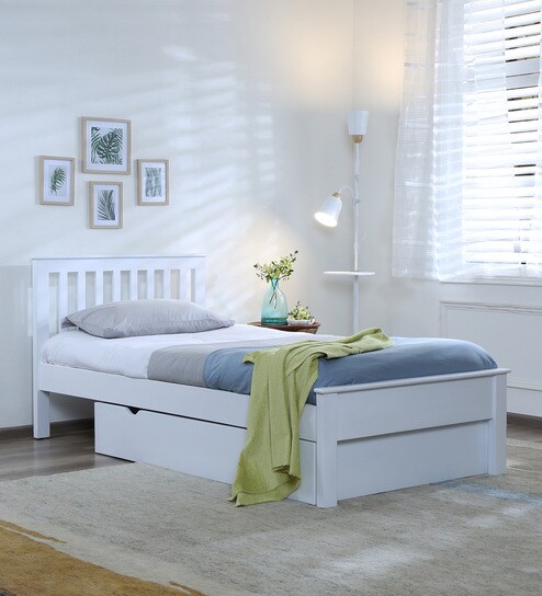 Buy Blanche Solid Wood Single Bed with Drawer Storage in White Finish ...