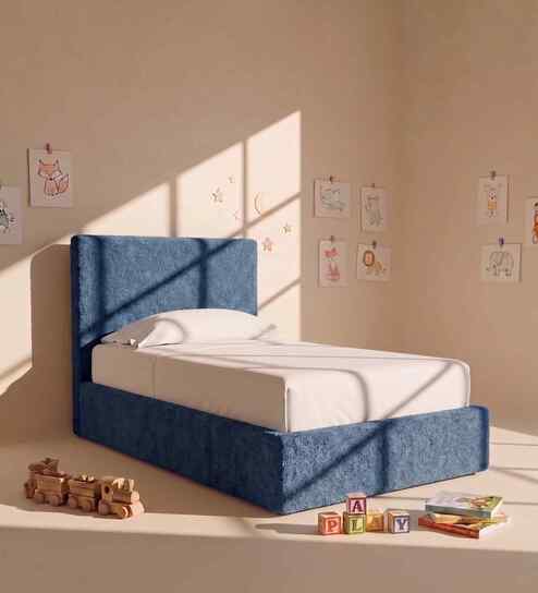 Block Design Boucle Kids Toddler Bed With Box Storage In Denim Blue  Colour