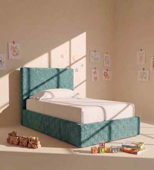 Block Design Boucle Kids Toddler Bed With Hydraulic Storage In Green Colour