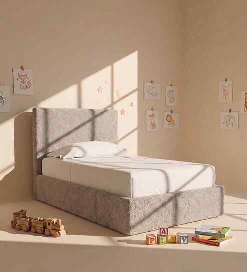 Block Design Boucle Kids Twin Bed With Hydraulic Storage In Cream Colour