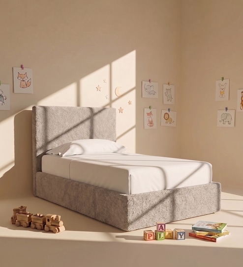 Block Design Kids Twin Bed In Cream Colour