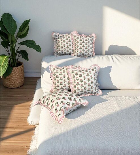 white Floral Cotton Ruffle 18x18 inches Cushion Covers Set of 5