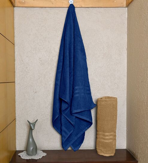 Blue & Beige Cotton Solid 550 GSM 2 Pcs Bath Towels