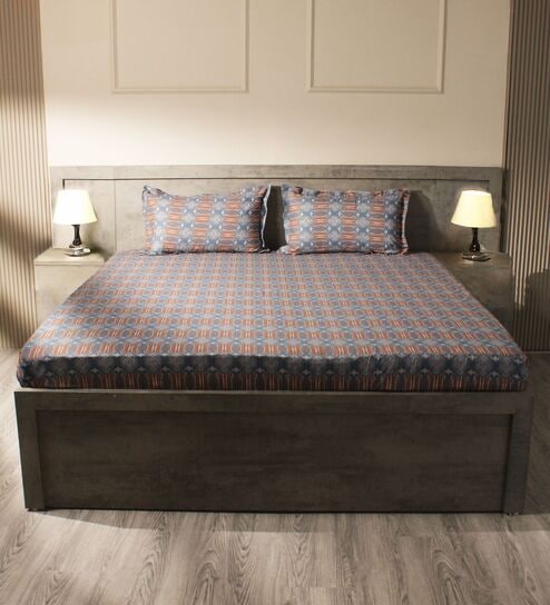 Blue & Brown 144TC Cotton Flat Super King Bedsheet with 2 Pillow Covers