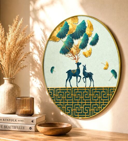 Blue & Gold Deer Round Wall Art 15 Inch