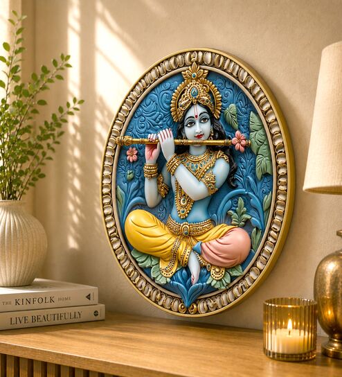 Blue & Gold Krishna Round Wall Art 15 Inch