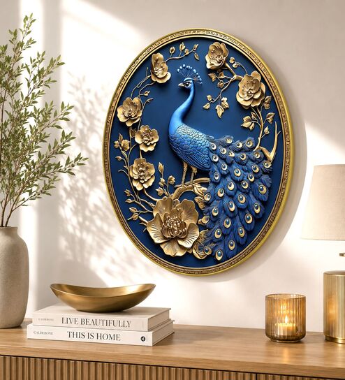 Blue & Gold Peacock Round Wall Art 15 Inch