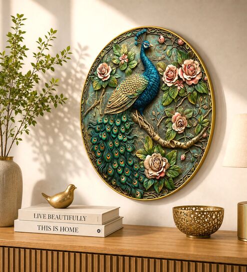 Blue & Gold Peacock Round Wall Art 15 Inch