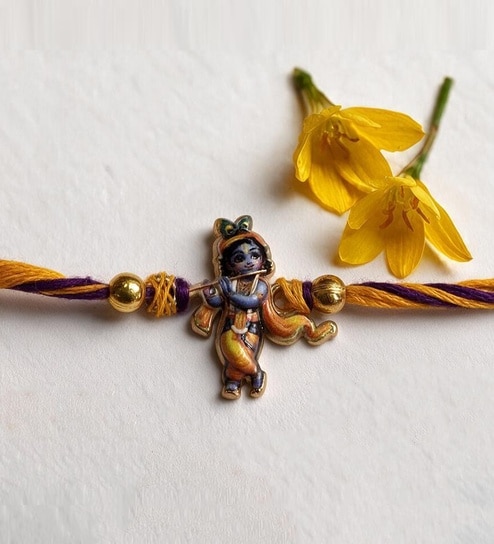 Blue & Gold Premium Krishna Handmade Rakhi With Anchor Non-Bleeding Cotton Thread