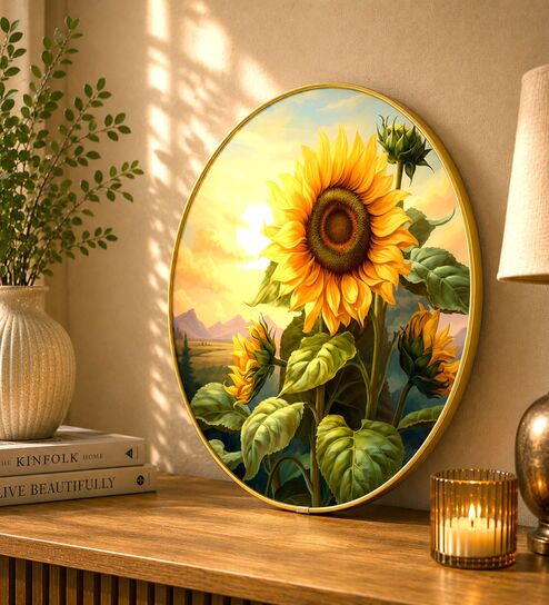 Blue & Gold Sunflower Round Wall Art 15 Inch