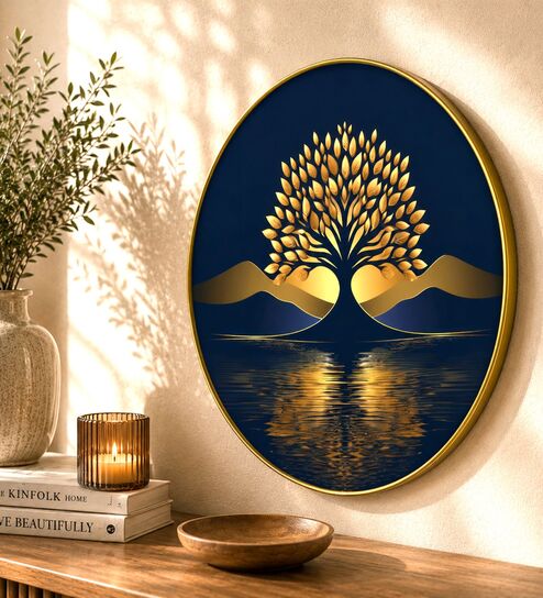 Blue & Gold Tree Round Wall Art 15 Inch