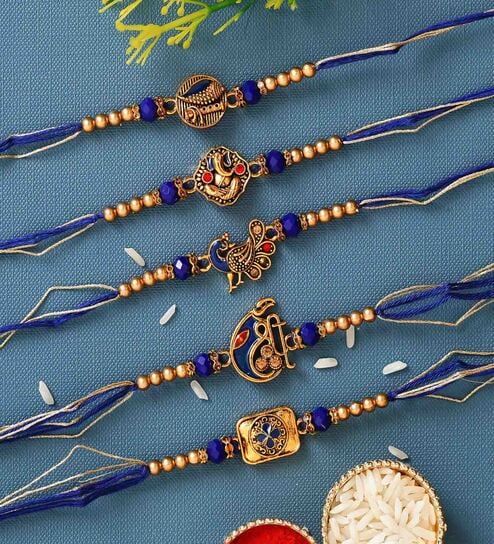 Blue & Golden Set of 5 Religious Rakhis with Roli Chawal Pack