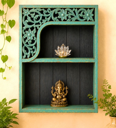Blue & Green Solid Wood Handcarved Aarambh Floating Wall Shelf With 2 Compartments