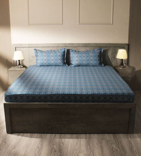Blue & Grey 144TC Cotton Flat Super King Bedsheet with 2 Pillow Covers