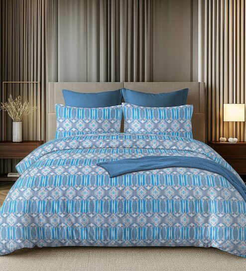 Blue & Grey 144TC Cotton Flat Super King Bedsheet with 2 Pillow Covers