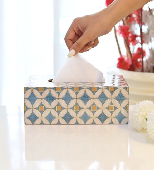 Blue & Mustard Printed Resin Tissue Box