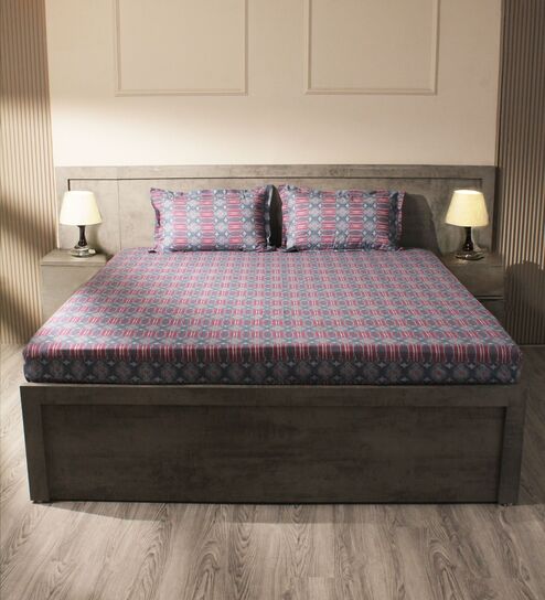 Blue & Purple 144TC Cotton Flat Super King Bedsheet with 2 Pillow Covers