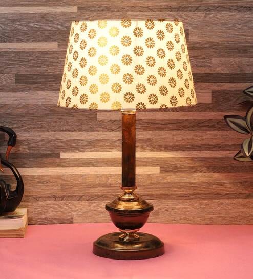 Blue & White Fabric Shade Table Lamp With Copper Base By Foziq