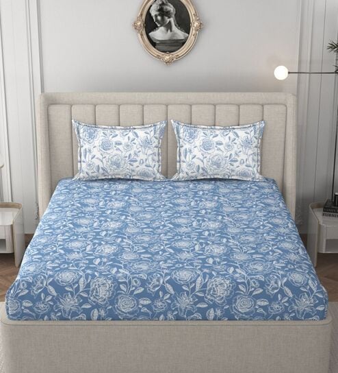 Blue & White Glace Cotton Floral Print Elastic Fitted King Bedsheet With 2 Pillow Covers