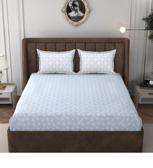 Blue & White Glace Cotton Self Design Elastic Fitted King Bedsheet With 2 Pillow Covers