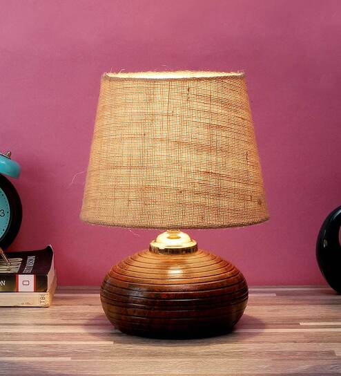 Blue & White Natural Fiber Shade Table Lamp With Brown Base By Foziq