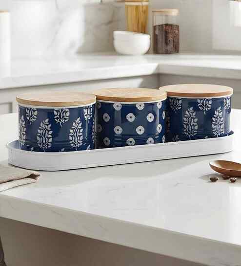 vareesha Blue & White Printed Metal Airtight Containers With White Metal Tray Set Of 3-picture-38