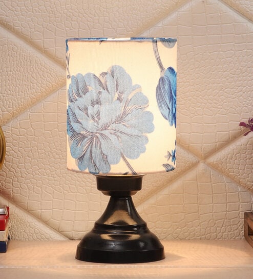 Blue & White Shade Table Lamp With Black Metal Base by Foziq