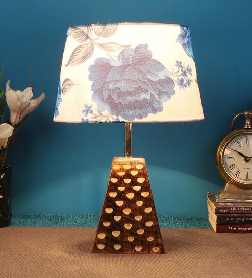 Blue & White Shade Table Lamp With Brown Woodden Base