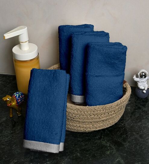 Blue Cotton Solid 500 GSM 4 Pcs Face Towels