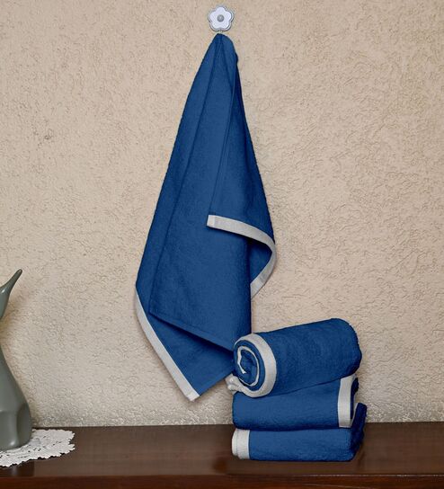 Blue Cotton Solid 500 GSM 4 Pcs Hand Towels