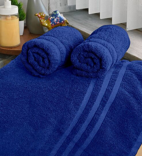 Blue Cotton Solid 550 GSM 3 Pcs Towels Set
