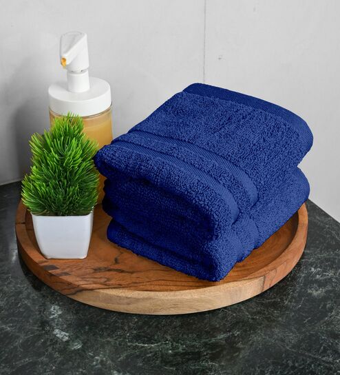 Blue Cotton Solid 550 GSM 2 Pcs Hand Towels