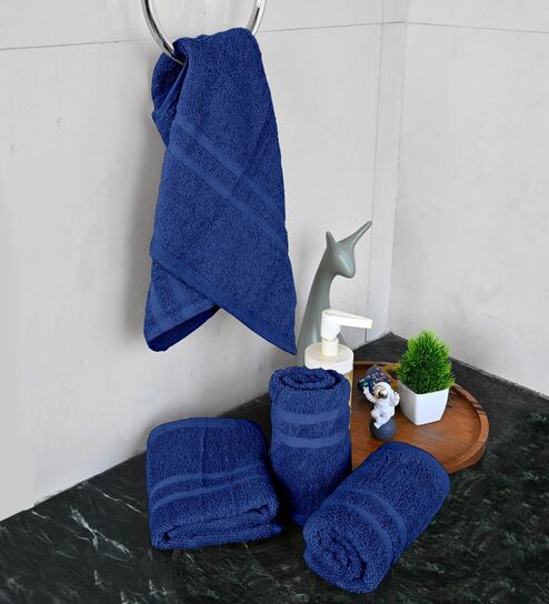 Blue Cotton Solid 550 GSM 4 Pcs Hand Towels