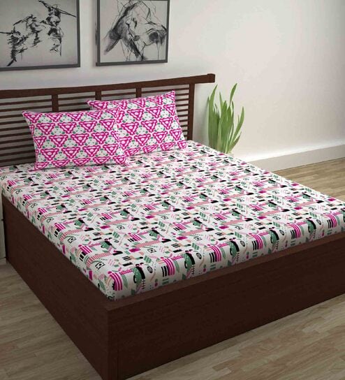 Pink Abstract 144 TC Cotton Queen Sized Bed Sheets with 2 Pillow Covers