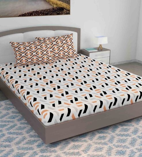 Brown Abstract 144 TC Cotton King Sized Bed Sheets with 2 Pillow Covers