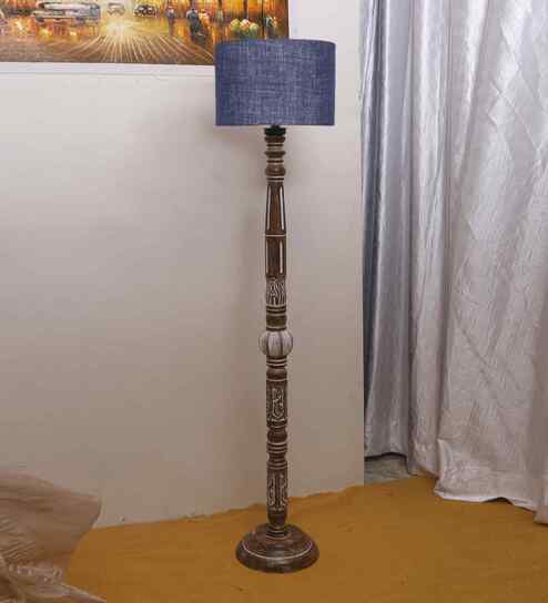 Blue Jute Drum Wooden Floor Lamp