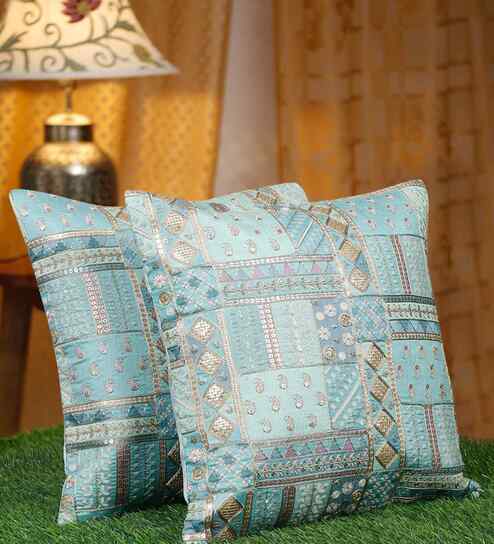 Blue Polyester Abstract 16X16 Inches Cushion Covers (Pack of 2)