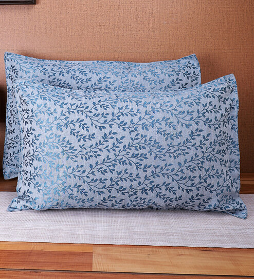 Blue Floral 210TC Cotton Blend 17 x 27 Inches Pillow Covers (Set of 2)