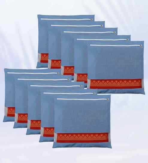 Blue 10 Pcs Cotton Saree Clothes Bags With Zip Closure